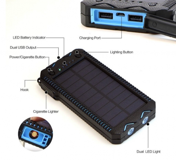 Solar Power Bank Power With Lighter Waterproof Outdoor 6000-12000mAh