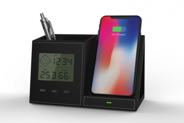 Calendar Clock Wireless Charge Stand 10W Cellphone Holder Alarm Clock With USB Output
