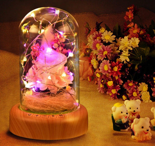 Glass Cover Rose LED Light Wood Bamboo Stand Romantic Gift Customizations