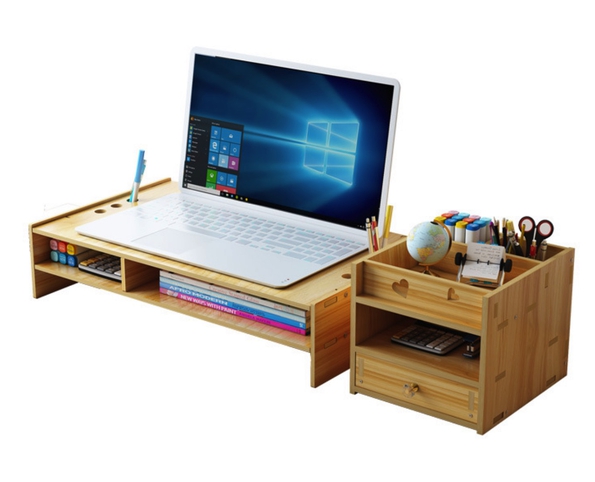 Bamboo Laptop Stand Storage Desktop Organizer Monitor Riser