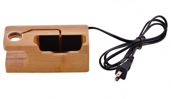 Mini Style Bamboo Cell Phone Watch Stand With USB Charging Hub 3X