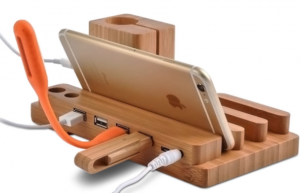 Wood Phone Holder Desktop Stand Tablet Stand With USB Charging Hub 4X Multi-function
