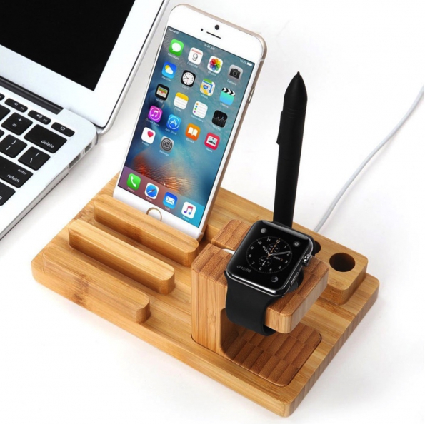 Wood Phone Holder Desktop Stand Tablet Stand With USB Charging Hub 4X Multi-function