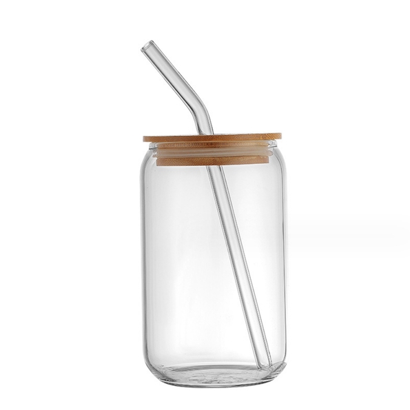Juice Glass Cup Bamboo Natural Lid Glass Straw 300ml-600ml