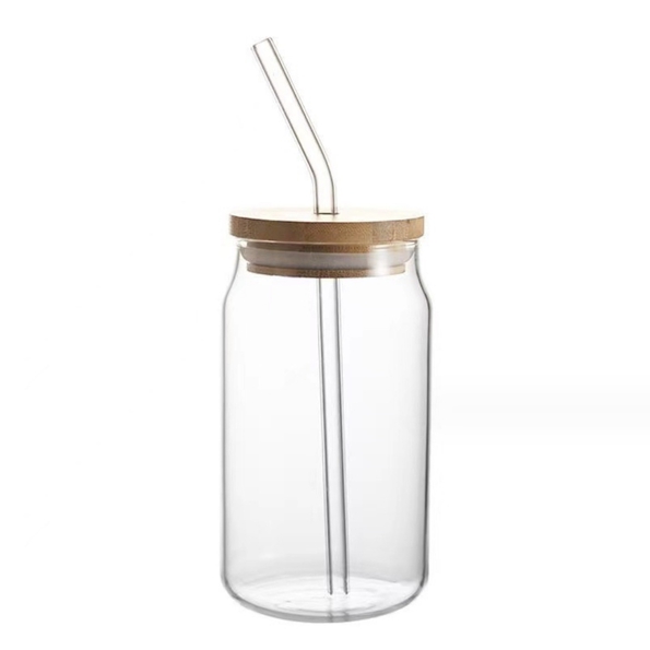 Juice Glass Cup Bamboo Natural Lid Glass Straw 300ml-600ml