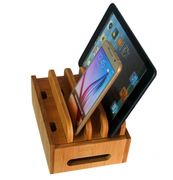 Wood Box Charging Stand Bamboo Cable Management Box